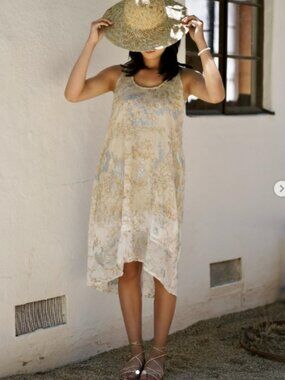 Dolma Mina S/M Ombre Boho Sleeveless Floral Midi Dress Beige Cream Metallic CW3